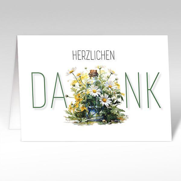 Dankeskarte mit Naturblumen, Margeriten und Glasflasche
