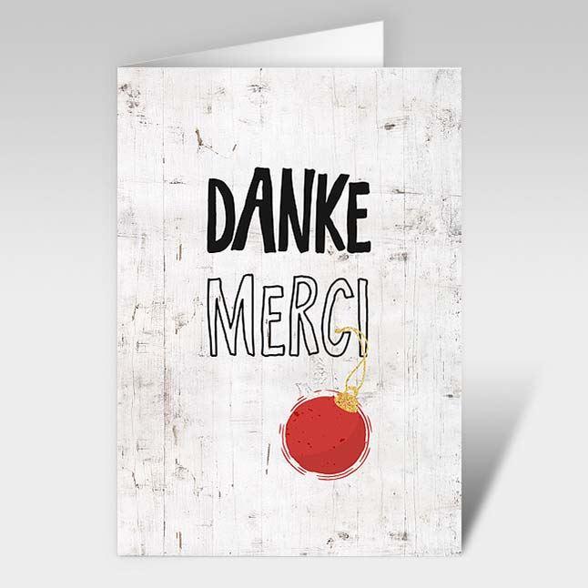 Weihnachtskarten "Danke - Merci" Weihnachtskugel neutral