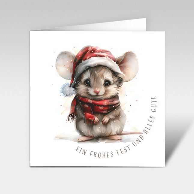 Weihnachtskarten Süsse Maus 01 "Frohes Fest" im Format 12 x 12 cm, inkl. Standard-Couvert weiss